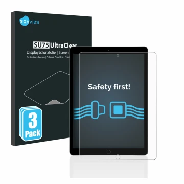 Parte frontal de un envase de producto con el logotipo de la marca Savvies. Al lado se muestra el dispositivo Apple iPad Pro 1