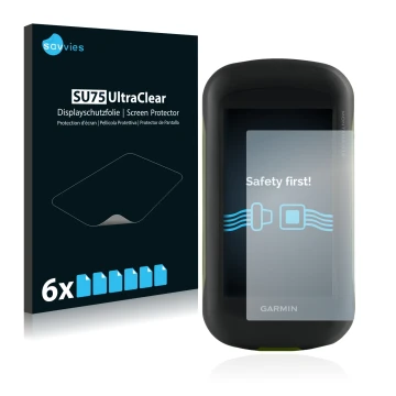 Parte frontal de un envase de producto con el logotipo de la marca Savvies. Al lado se muestra el dispositivo Garmin Montana 6