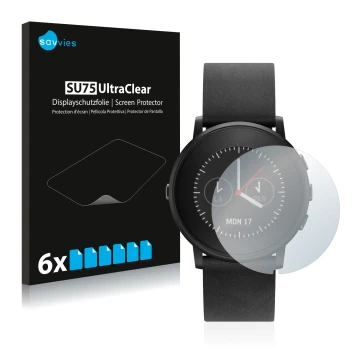 Parte frontal de un envase de producto con el logotipo de la marca Savvies. Al lado se muestra el dispositivo Pebble Time Roun