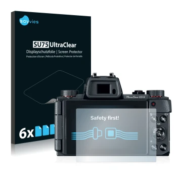 Parte frontal de un envase de producto con el logotipo de la marca Savvies. Al lado se muestra el dispositivo Canon PowerShot 