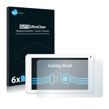 Parte frontal de un envase de producto con el logotipo de la marca Savvies. Al lado se muestra el dispositivo BigBen Unity Tab