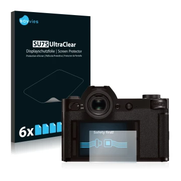 Parte frontal de un envase de producto con el logotipo de la marca Savvies. Al lado se muestra el dispositivo Leica SL (Typ 60