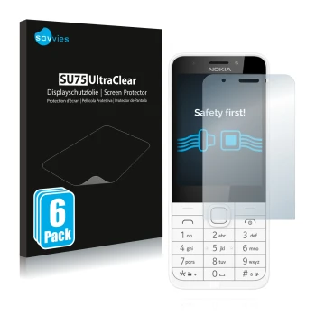 Parte frontal de un envase de producto con el logotipo de la marca Savvies. Al lado se muestra el dispositivo Nokia 230 con su