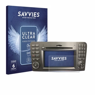 Parte frontal de un envase de producto con el logotipo de la marca Savvies. Al lado se muestra el dispositivo Mercedes-Benz Co