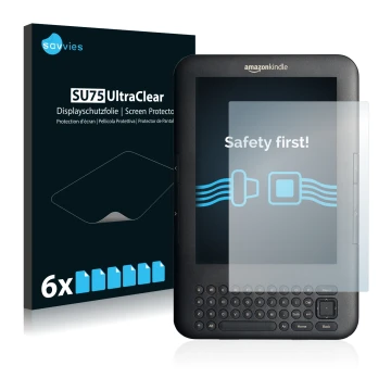 Parte frontal de un envase de producto con el logotipo de la marca Savvies. Al lado se muestra el dispositivo Amazon Kindle 3 