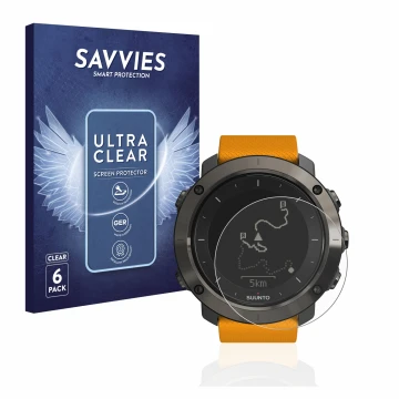 Parte frontal de un envase de producto con el logotipo de la marca Savvies. Al lado se muestra el dispositivo Suunto Traverse 