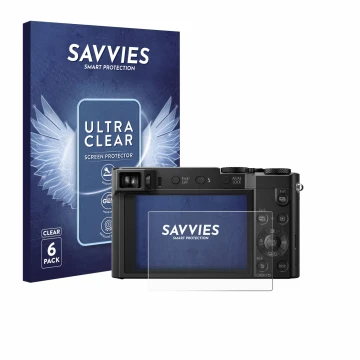 Parte frontal de un envase de producto con el logotipo de la marca Savvies. Al lado se muestra el dispositivo Panasonic Lumix 