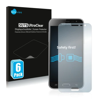 Parte frontal de un envase de producto con el logotipo de la marca Savvies. Al lado se muestra el dispositivo Samsung Galaxy J