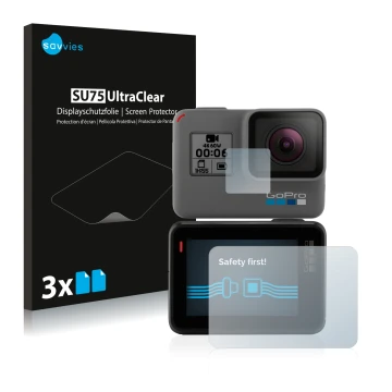 Parte frontal de un envase de producto con el logotipo de la marca Savvies. Al lado se muestra el dispositivo GoPro Hero 5 Bla