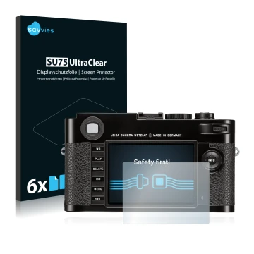 Parte frontal de un envase de producto con el logotipo de la marca Savvies. Al lado se muestra el dispositivo Leica M (Typ 262