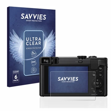 Parte frontal de un envase de producto con el logotipo de la marca Savvies. Al lado se muestra el dispositivo Panasonic Lumix 