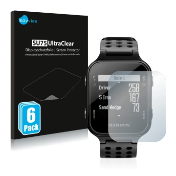 Parte frontal de un envase de producto con el logotipo de la marca Savvies. Al lado se muestra el dispositivo Garmin Approach 