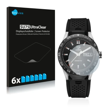 Parte frontal de un envase de producto con el logotipo de la marca Savvies. Al lado se muestra el dispositivo TAG Heuer Connec