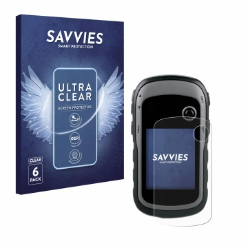 Parte frontal de un envase de producto con el logotipo de la marca Savvies. Al lado se muestra el dispositivo Garmin eTrex 30x