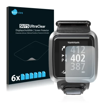 Parte frontal de un envase de producto con el logotipo de la marca Savvies. Al lado se muestra el dispositivo TomTom Golfer 2 