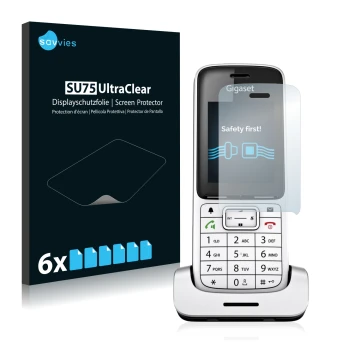 Parte frontal de un envase de producto con el logotipo de la marca Savvies. Al lado se muestra el dispositivo Gigaset SL450HX 