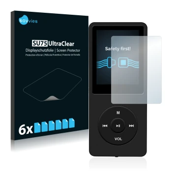 Parte frontal de un envase de producto con el logotipo de la marca Savvies. Al lado se muestra el dispositivo AGPtek 8GB MP3-P