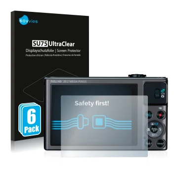 Parte frontal de un envase de producto con el logotipo de la marca Savvies. Al lado se muestra el dispositivo Canon PowerShot 