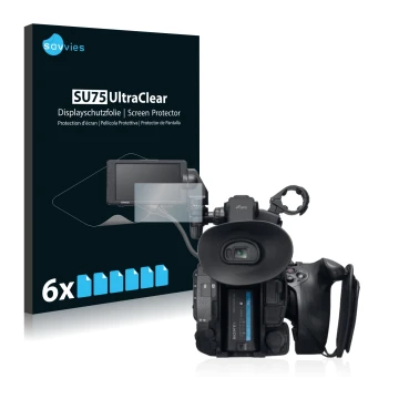 Parte frontal de un envase de producto con el logotipo de la marca Savvies. Al lado se muestra el dispositivo Sony PXW-FS5 con