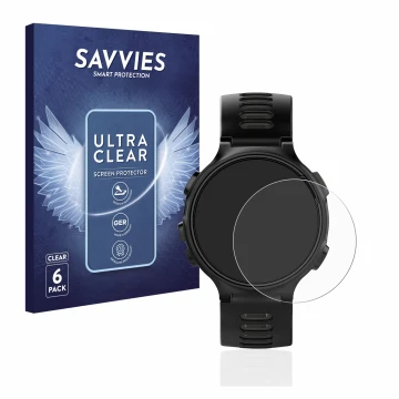 Parte frontal de un envase de producto con el logotipo de la marca Savvies. Al lado se muestra el dispositivo Garmin Forerunne