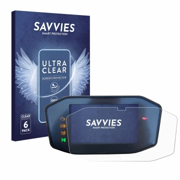 Parte frontal de un envase de producto con el logotipo de la marca Savvies. Al lado se muestra el dispositivo KTM 690 Duke 201