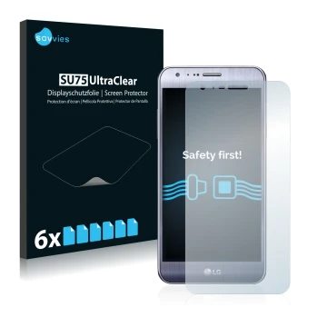 Parte frontal de un envase de producto con el logotipo de la marca Savvies. Al lado se muestra el dispositivo LG X Mach con su