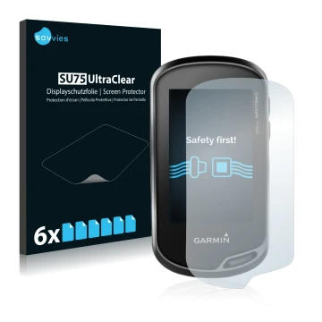 Parte frontal de un envase de producto con el logotipo de la marca Savvies. Al lado se muestra el dispositivo Garmin Oregon 75