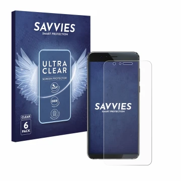 Parte frontal de un envase de producto con el logotipo de la marca Savvies. Al lado se muestra el dispositivo Honor 8 con su p