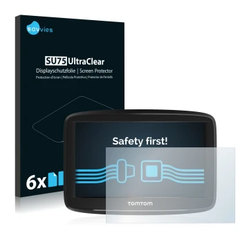 Parte frontal de un envase de producto con el logotipo de la marca Savvies. Al lado se muestra el dispositivo TomTom Start 52 