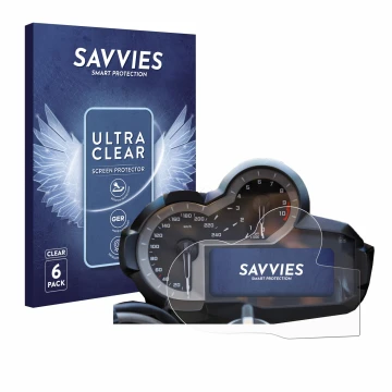 Parte frontal de un envase de producto con el logotipo de la marca Savvies. Al lado se muestra el dispositivo BMW R 1200 GS K5