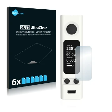 Parte frontal de un envase de producto con el logotipo de la marca Savvies. Al lado se muestra el dispositivo Joyetech eVic VT