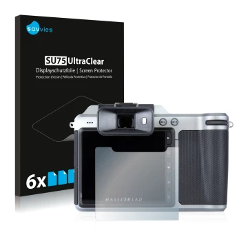 Parte frontal de un envase de producto con el logotipo de la marca Savvies. Al lado se muestra el dispositivo Hasselblad X1D-5