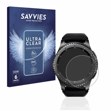 Parte frontal de un envase de producto con el logotipo de la marca Savvies. Al lado se muestra el dispositivo Samsung Gear S3 