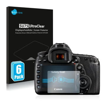 Parte frontal de un envase de producto con el logotipo de la marca Savvies. Al lado se muestra el dispositivo Canon EOS 5D Mar