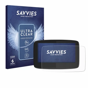 Parte frontal de un envase de producto con el logotipo de la marca Savvies. Al lado se muestra el dispositivo TomTom GO 620 co