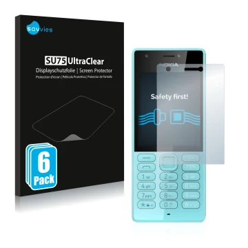 Parte frontal de un envase de producto con el logotipo de la marca Savvies. Al lado se muestra el dispositivo Nokia 216 con su