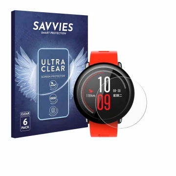 Parte frontal de un envase de producto con el logotipo de la marca Savvies. Al lado se muestra el dispositivo Huami Amazfit Pa