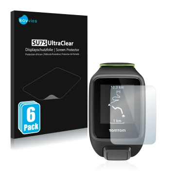 Parte frontal de un envase de producto con el logotipo de la marca Savvies. Al lado se muestra el dispositivo TomTom Runner 3 