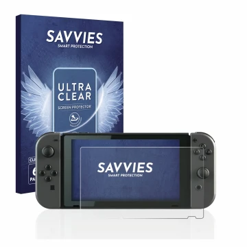 Parte frontal de un envase de producto con el logotipo de la marca Savvies. Al lado se muestra el dispositivo Nintendo Switch 