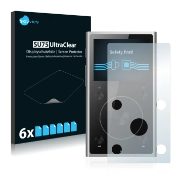 Parte frontal de un envase de producto con el logotipo de la marca Savvies. Al lado se muestra el dispositivo FiiO X1 II con s