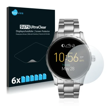 Parte frontal de un envase de producto con el logotipo de la marca Savvies. Al lado se muestra el dispositivo Fossil Q Marshal