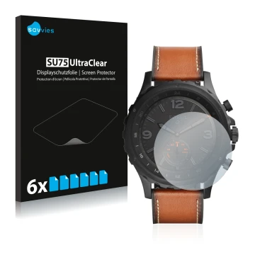 Parte frontal de un envase de producto con el logotipo de la marca Savvies. Al lado se muestra el dispositivo Fossil Q Nate co