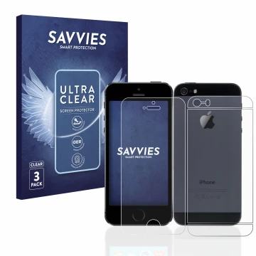 Parte frontal de un envase de producto con el logotipo de la marca Savvies. Al lado se muestra el dispositivo Apple iPhone 5S 