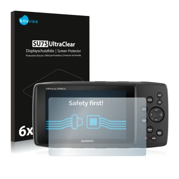 Parte frontal de un envase de producto con el logotipo de la marca Savvies. Al lado se muestra el dispositivo Garmin 276Cx con