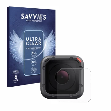 Parte frontal de un envase de producto con el logotipo de la marca Savvies. Al lado se muestra el dispositivo GoPro Hero 5 Ses