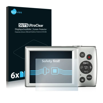 Parte frontal de un envase de producto con el logotipo de la marca Savvies. Al lado se muestra el dispositivo Canon Digital Ix