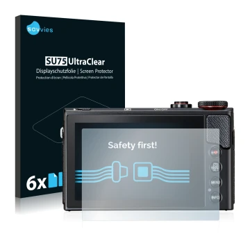 Parte frontal de un envase de producto con el logotipo de la marca Savvies. Al lado se muestra el dispositivo Canon PowerShot 