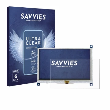 Parte frontal de un envase de producto con el logotipo de la marca Savvies. Al lado se muestra el dispositivo Raspberry Pi Tou