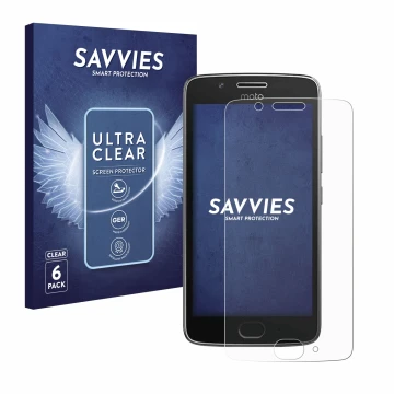 Parte frontal de un envase de producto con el logotipo de la marca Savvies. Al lado se muestra el dispositivo Motorola Moto G5