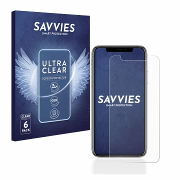 Parte frontal de un envase de producto con el logotipo de la marca Savvies. Al lado se muestra el dispositivo Apple iPhone X c